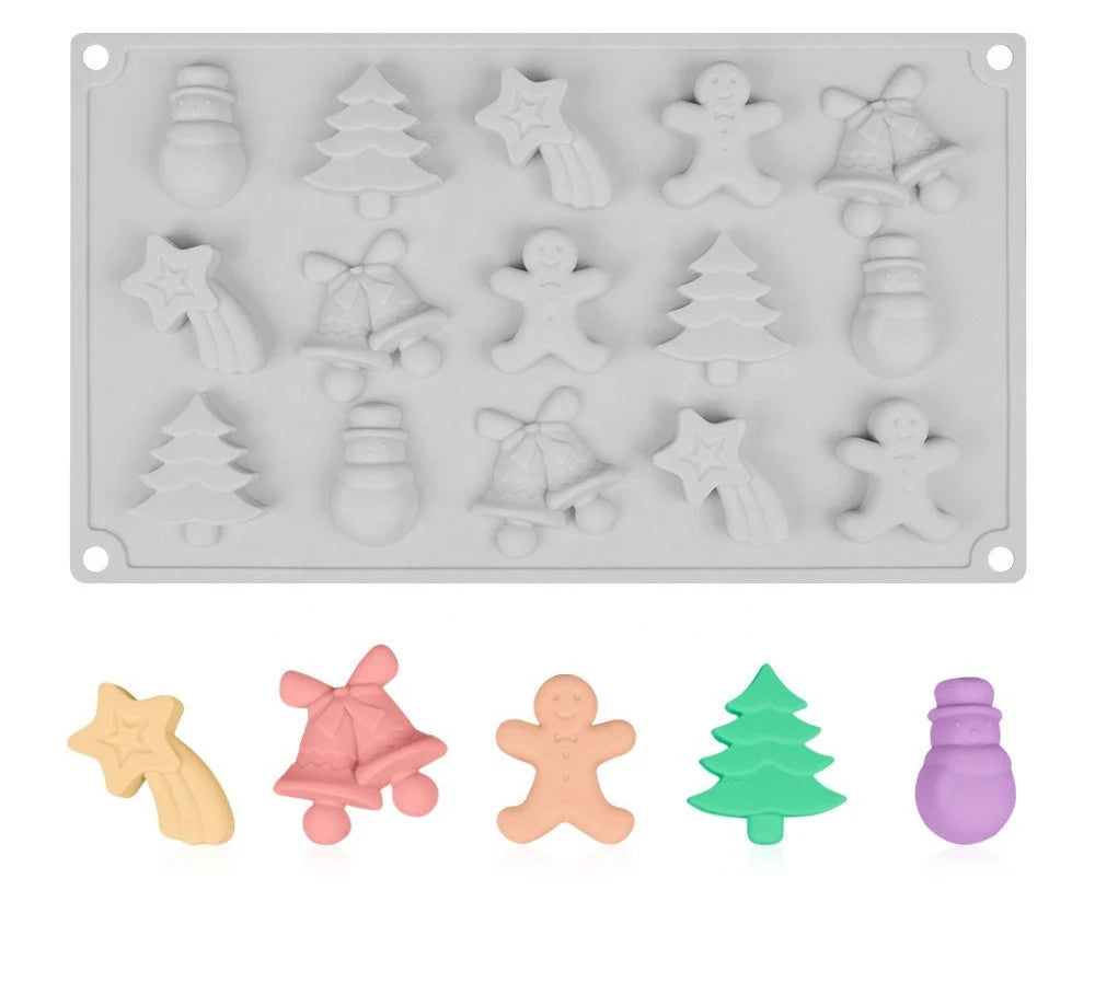 Christmas-themed silicone mold with 15 cavities, perfect for baking, chocolate, and candy making, ideal for holiday treats, popular in the USA and Europe