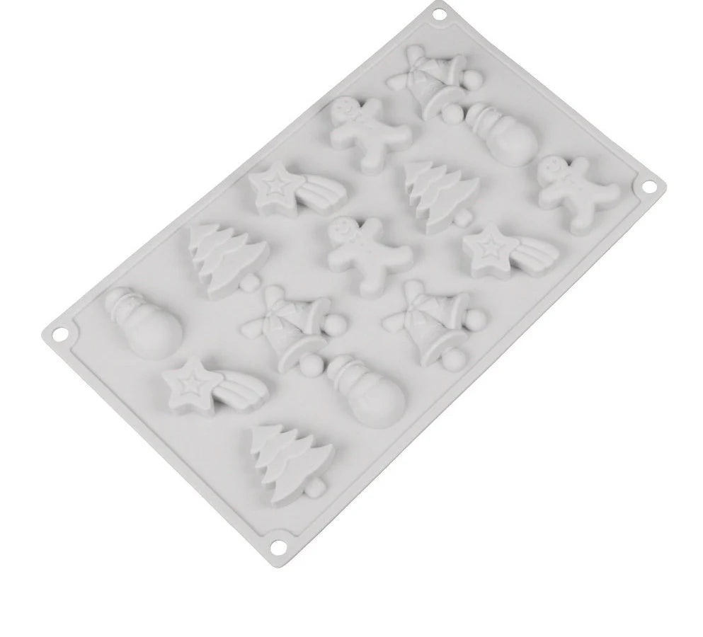 Christmas-themed silicone mold with 15 cavities, perfect for baking, chocolate, and candy making, ideal for holiday treats, popular in the USA and Europe