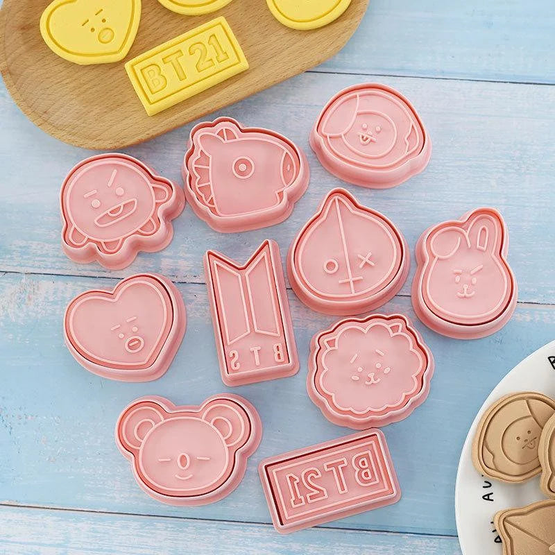 BT21 cookie cutter set with 10 K-pop designs including Chimmy, Cooky, Shooky, Mang, Koya, Van, Tata, and RJ, perfect gift set, popular in the USA and Europe