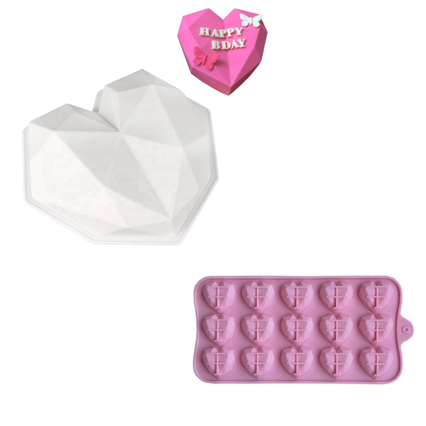 Heart-shaped silicone mold set with large geometric heart and 15-cavity gem mini hearts, perfect for baking, chocolate making, and crafts, popular in the USA and Europe.