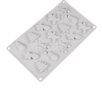 Christmas-themed silicone mold with 15 cavities, perfect for baking, chocolate, and candy making, ideal for holiday treats, popular in the USA and Europe