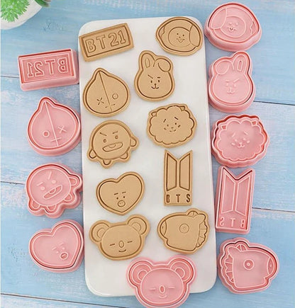 BT21 cookie cutter set with 10 K-pop designs including Chimmy, Cooky, Shooky, Mang, Koya, Van, Tata, and RJ, perfect gift set, popular in the USA and Europe