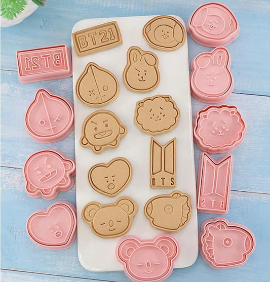 BT21 cookie cutter set with 10 K-pop designs including Chimmy, Cooky, Shooky, Mang, Koya, Van, Tata, and RJ, perfect gift set, popular in the USA and Europe