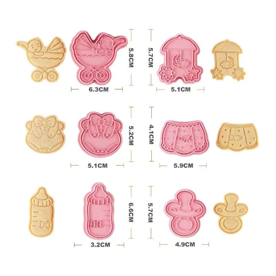 Baby shower cookie cutter and stamp set with baby bottle cutter, ideal for making custom cookies, popular for events and parties in the USA and Europe