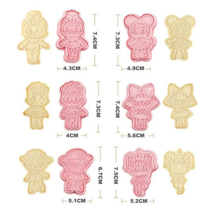 Dolls cookie cutter and stamp set, LOL-themed cutters for cookies and cake decorating, popular in the USA and Europe.