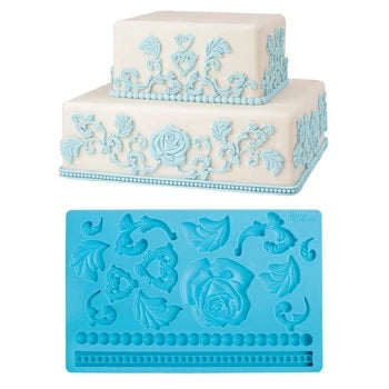Pearls, rose, leaves, and borders silicone mold, baroque fondant mold for intricate cake decorating, popular in the USA and Europe