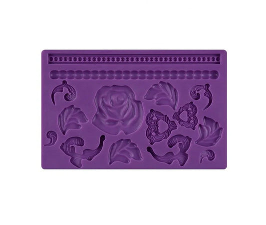 Pearls, rose, leaves, and borders silicone mold, baroque fondant mold for intricate cake decorating, popular in the USA and Europe